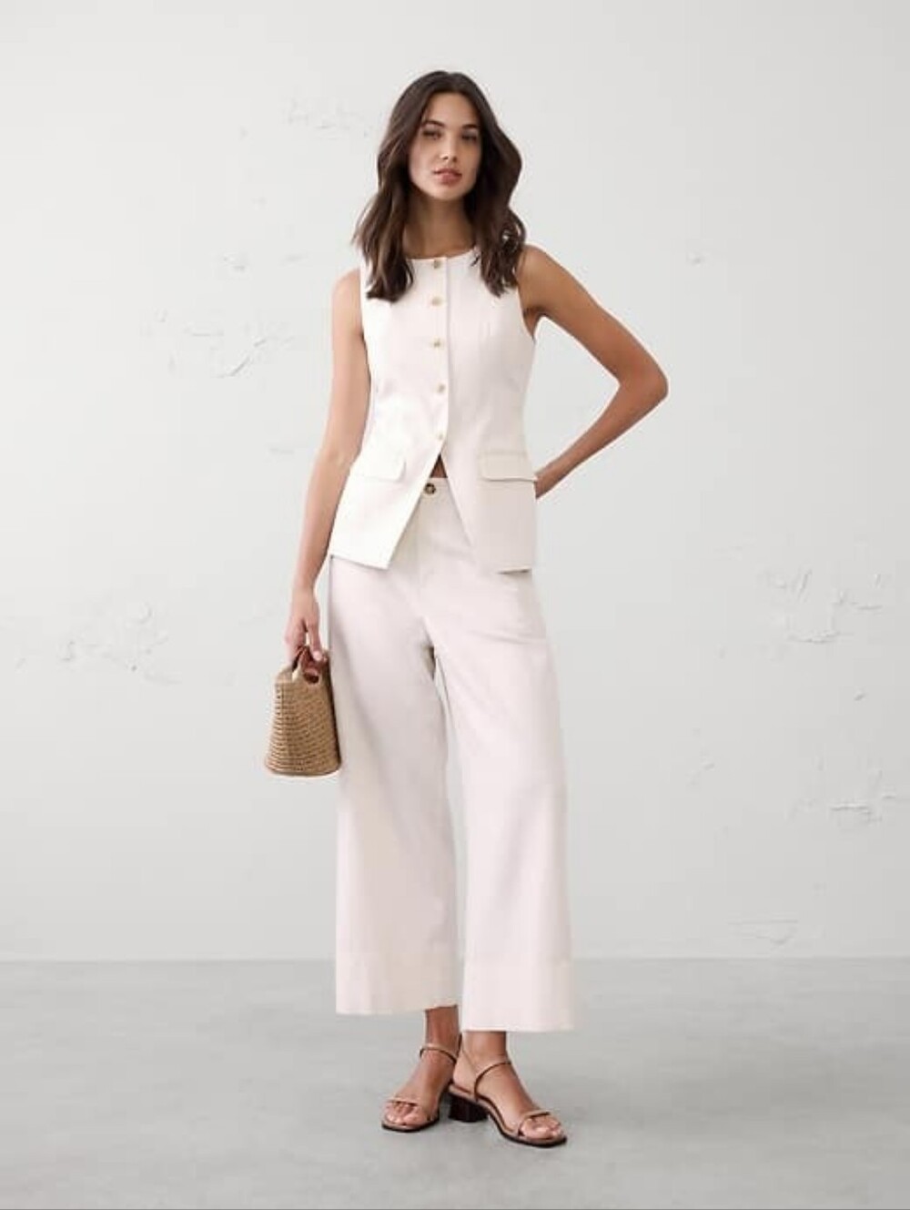 NWT Linen-Blend Long Cutaway Vest Size 10 In Cream Stripe By Banana Republic